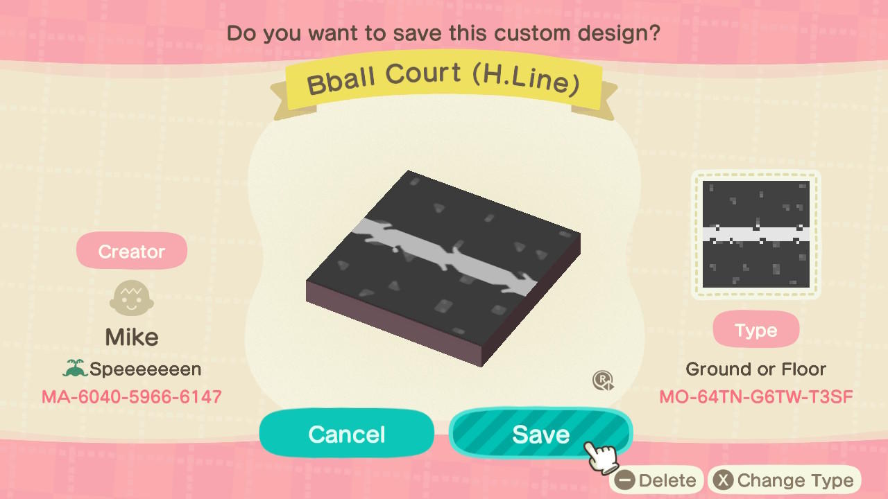 Animal Crossing Design Code: MO-64TN-G6TW-T3SF Bball Court (H.Line)