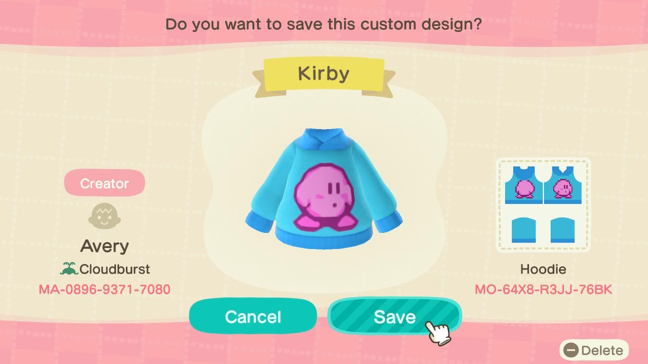 Animal Crossing Design Code: MO-64X8-R3JJ-76BK Kirby