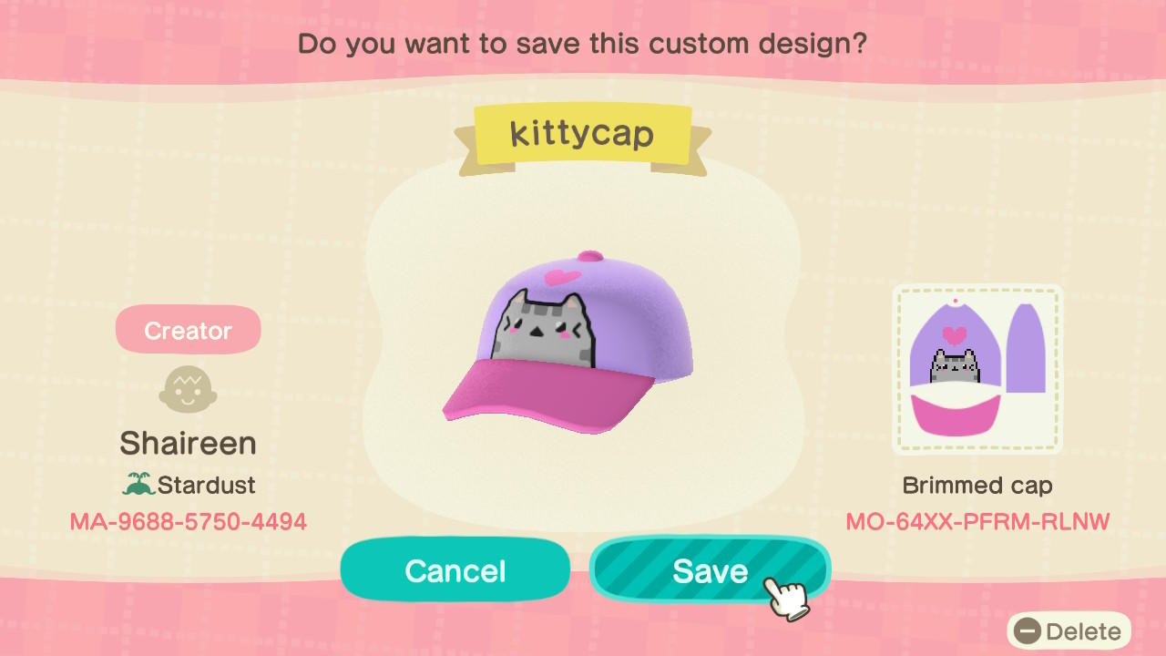 Animal Crossing Design Code: MO-64XX-PFRM-RLNW kittycap