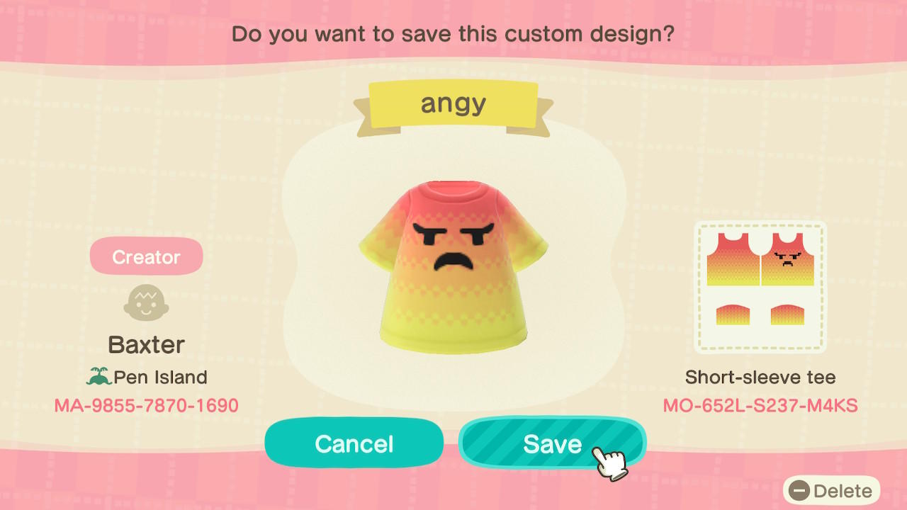 Animal Crossing Design Code: MO-652L-S237-M4KS angy