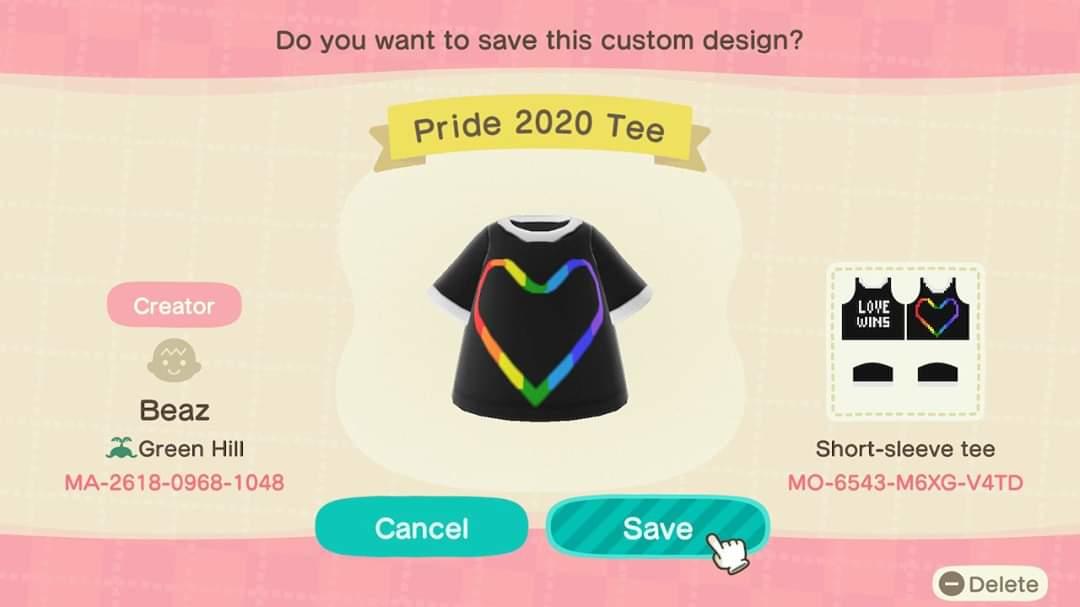 Animal Crossing Design Code: MO-6543-M6XG-V4TD Pride 2020 Ringer Te