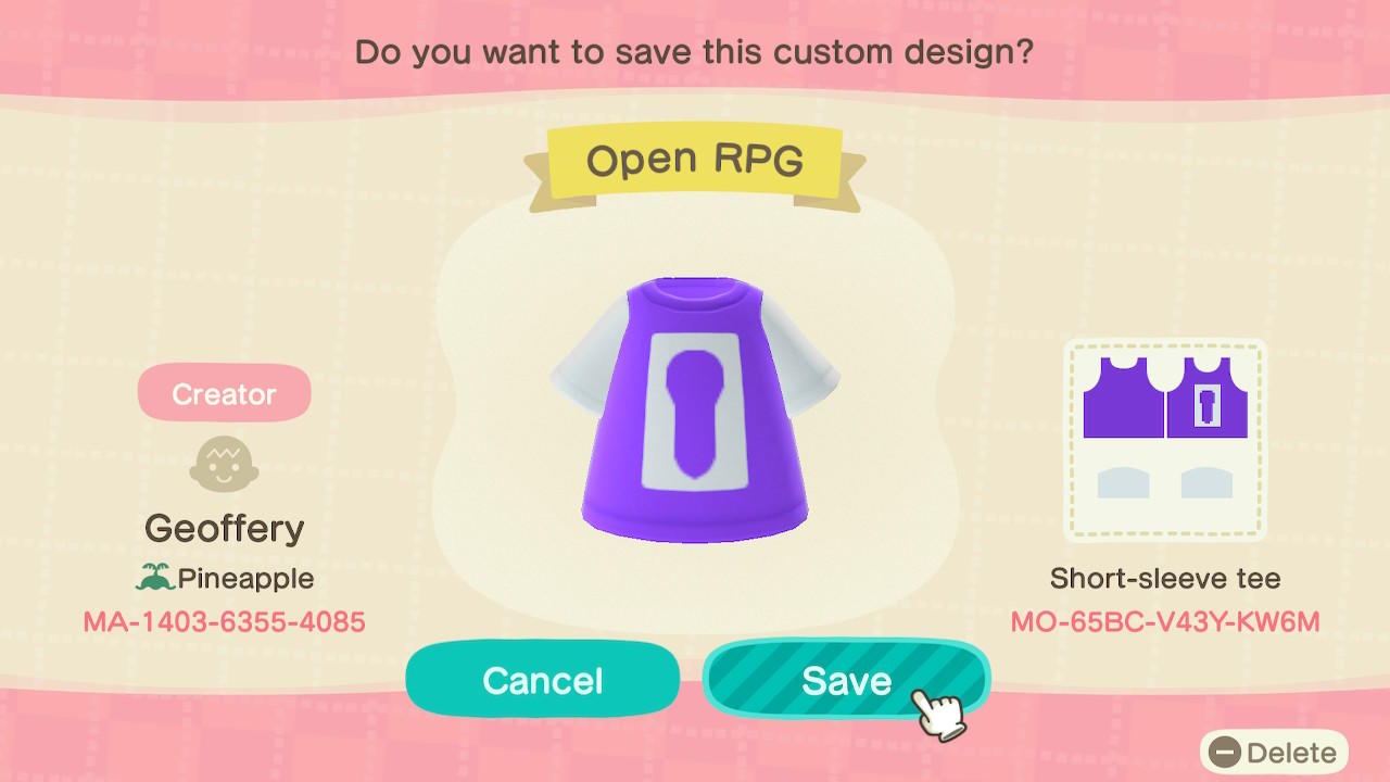 Animal Crossing Design Code: MO-65BC-V43Y-KW6M Open RPG