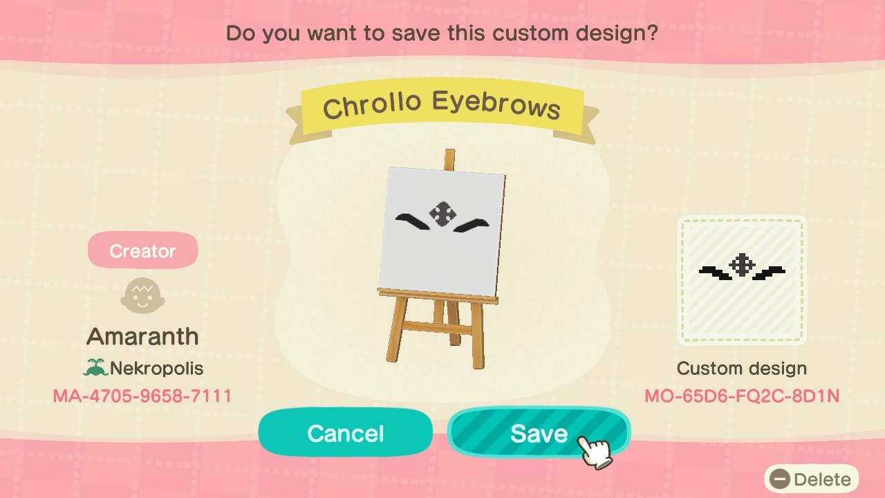 Animal Crossing Design Code: MO-65D6-FQ2C-8D1N Chrollo Eyebrows