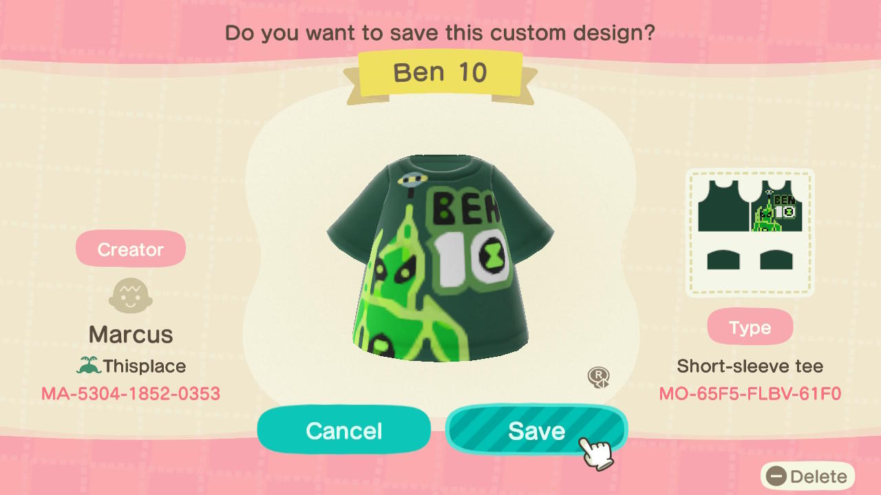 Animal Crossing Design Code: MO-65F5-FLBV-61F0 Ben 10 Goop