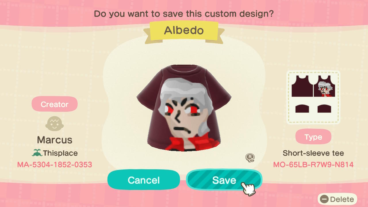 Animal Crossing Design Code: MO-65LB-R7W9-N814 Albedo