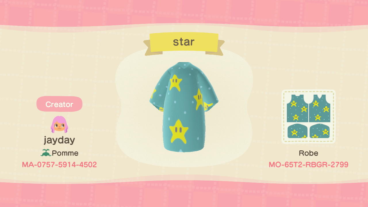 Animal Crossing Design Code: MO-65T2-RBGR-2799 Mario Super Star