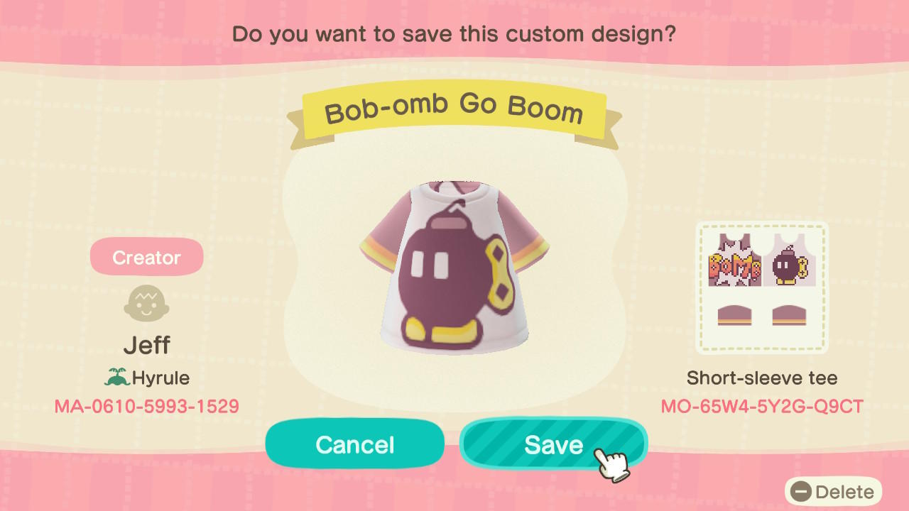 Animal Crossing Design Code: MO-65W4-5Y2G-Q9CT Bob-omb Go Boom