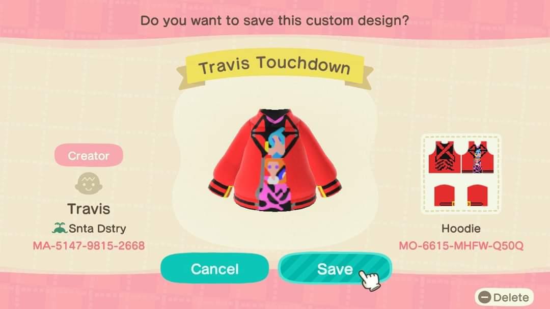 Animal Crossing Design Code: MO-6615-MHFW-Q50Q Travis Touchdown