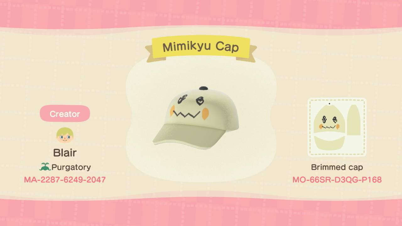 Animal Crossing Design Code: MO-66SR-D3QG-P168 Mimikyu Cap