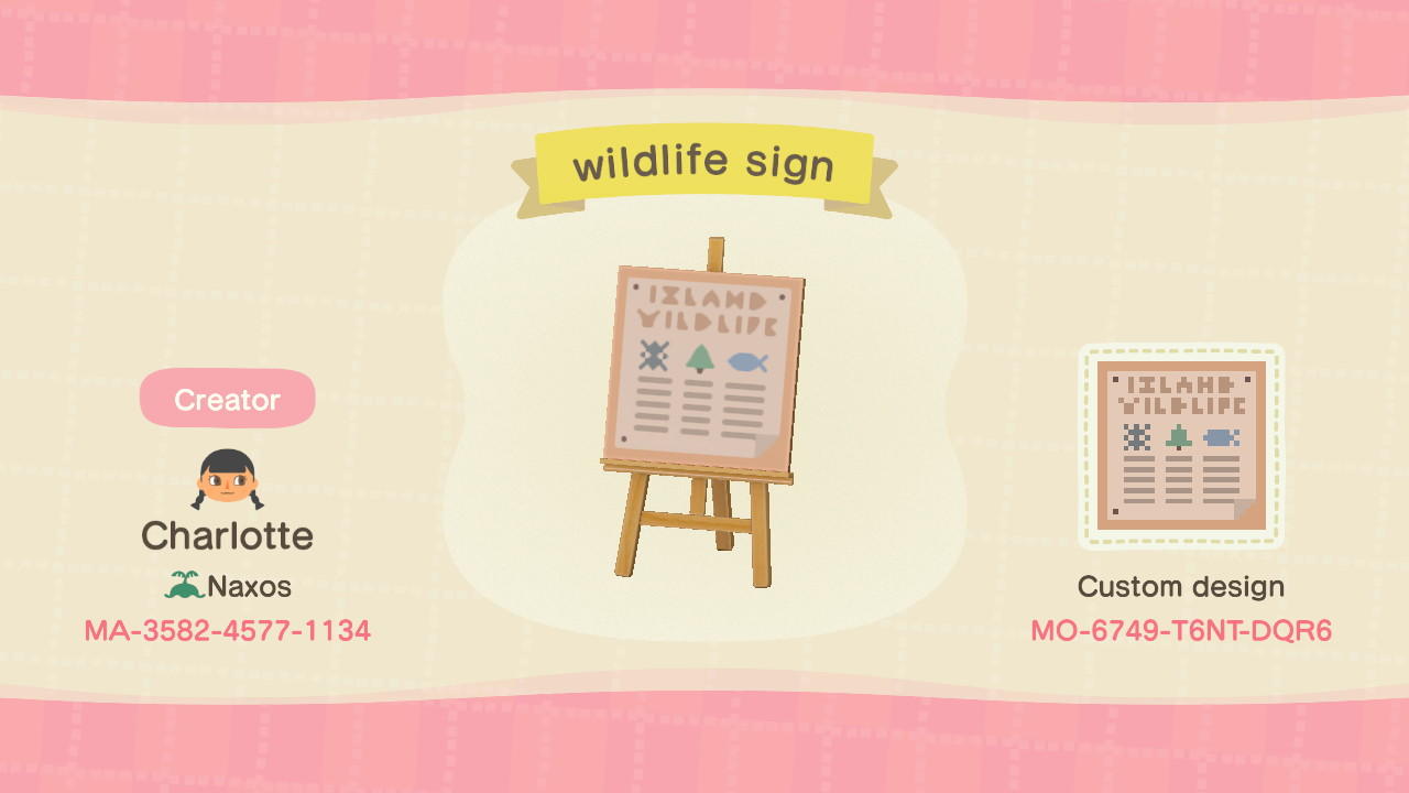 Animal Crossing Design Code: MO-6749-T6NT-DQR6 wildlife sign