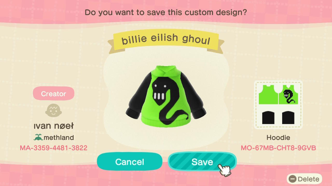 Animal Crossing Design Code: MO-67MB-CHT8-9GVB billie eilish ghoul
