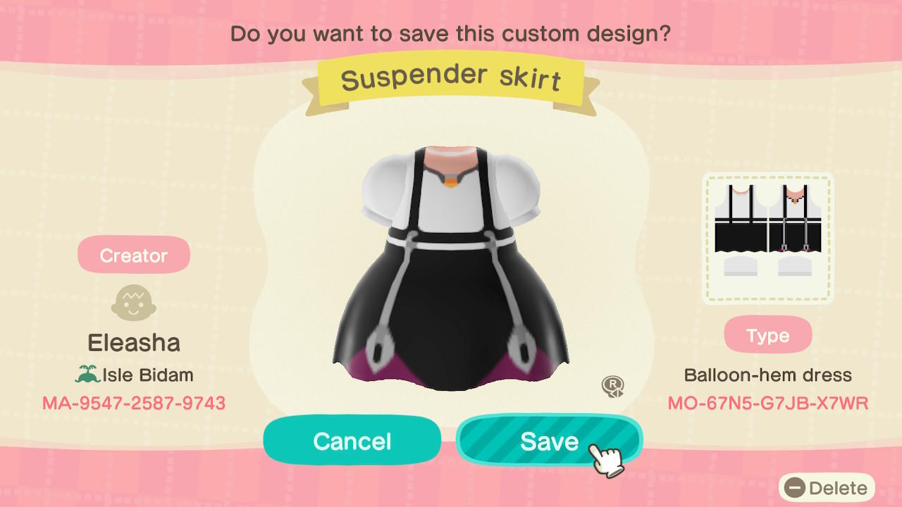 Animal Crossing Design Code: MO-67N5-G7JB-X7WR Suspender skirt