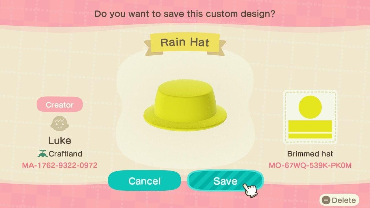 Animal Crossing Design Code: MO-67WQ-539K-PK0M Rain Hat