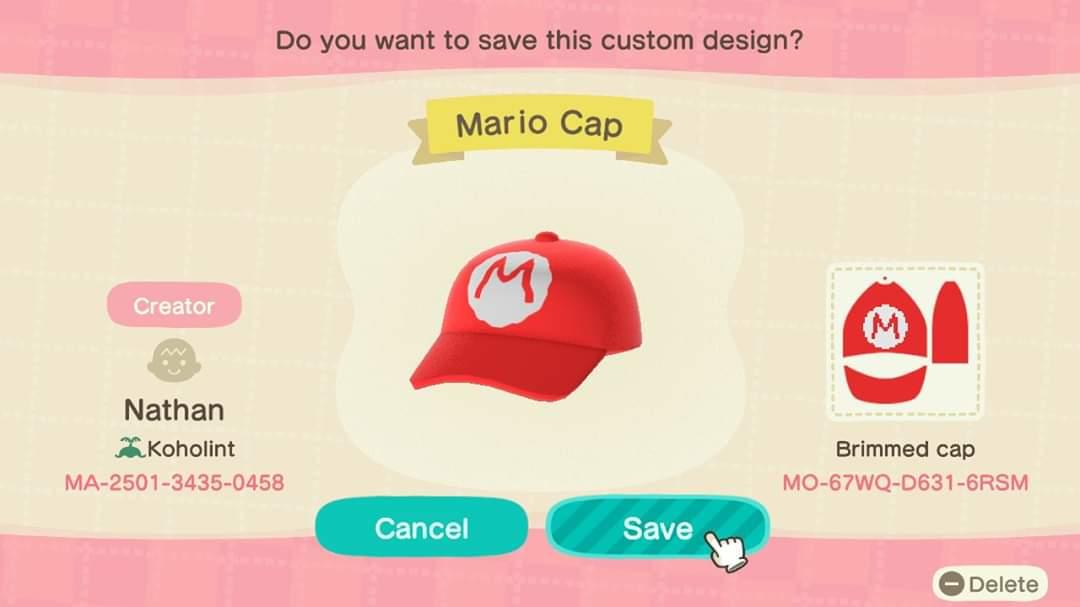 Animal Crossing Design Code: MO-67WQ-D631-6RSM Mario Cap