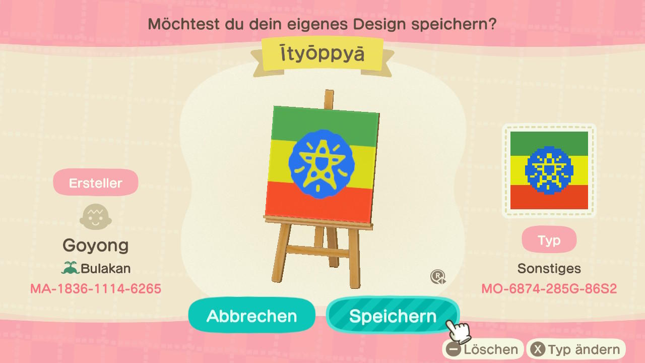 Animal Crossing Design Code: MO-6874-285G-86S2 Ethiopia