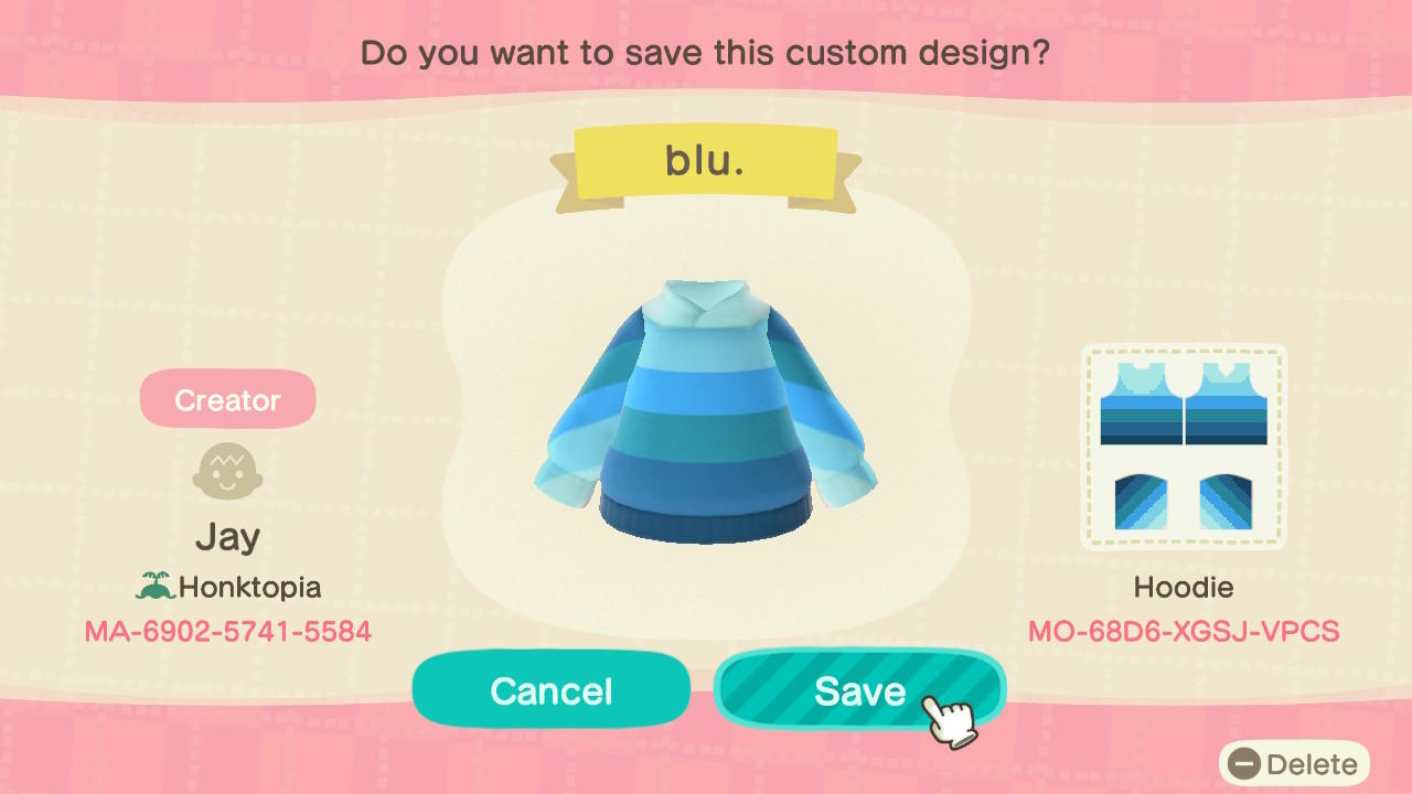 Animal Crossing Design Code: MO-68D6-XGSJ-VPCS blu.
