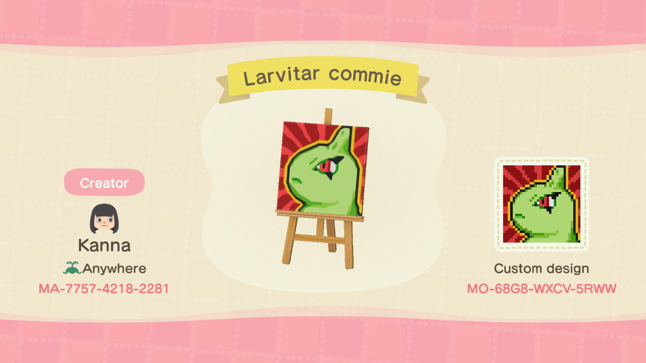 Animal Crossing Design Code: MO-68G8-WXCV-5RWW Larvitar Commie
