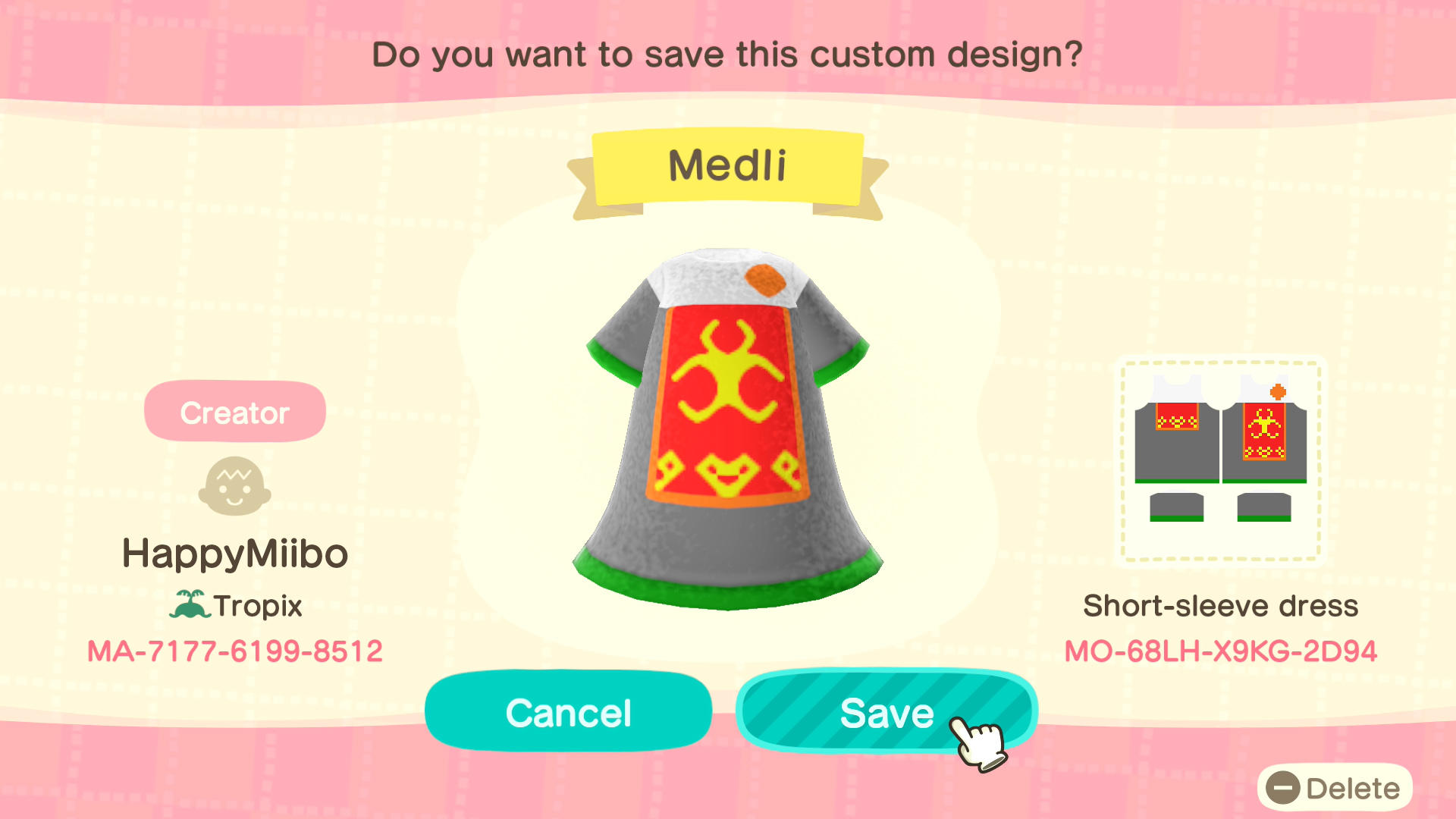 Animal Crossing Design Code: MO-68LH-X9KG-2D94 Medli - LOZ:WW