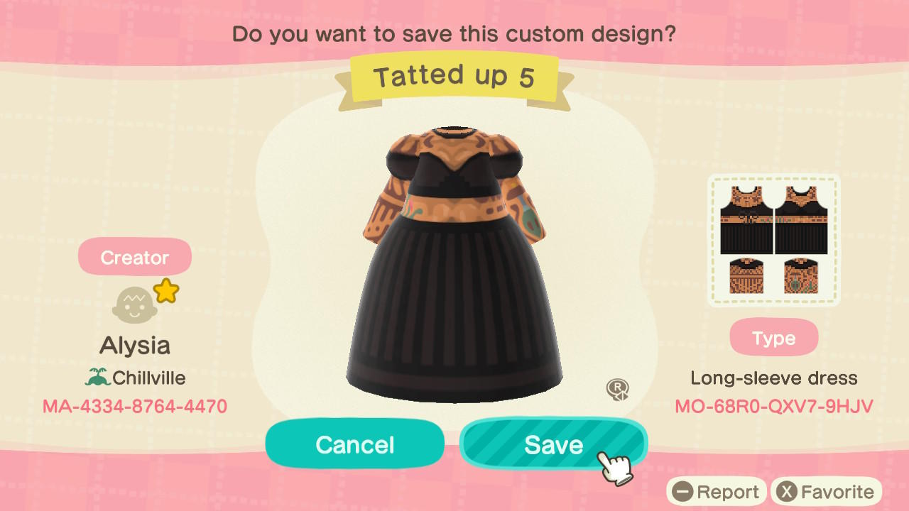 Animal Crossing Design Code: MO-68R0-QXV7-9HJV Tatted Up 5
