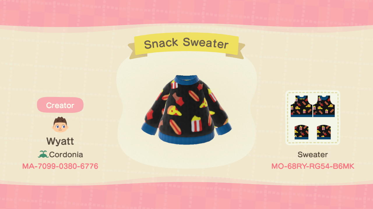 Animal Crossing Design Code: MO-68RY-RG54-B6MK Snack Sweater