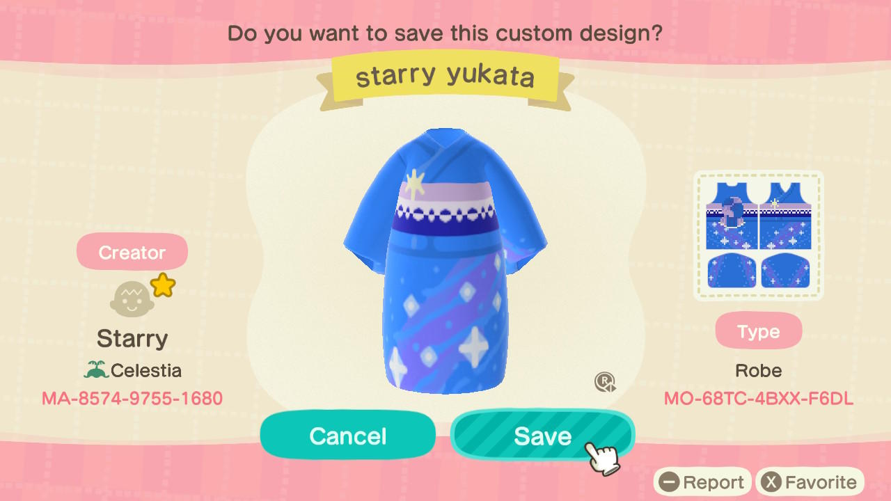 Animal Crossing Design Code: MO-68TC-4BXX-F6DL starry yukata