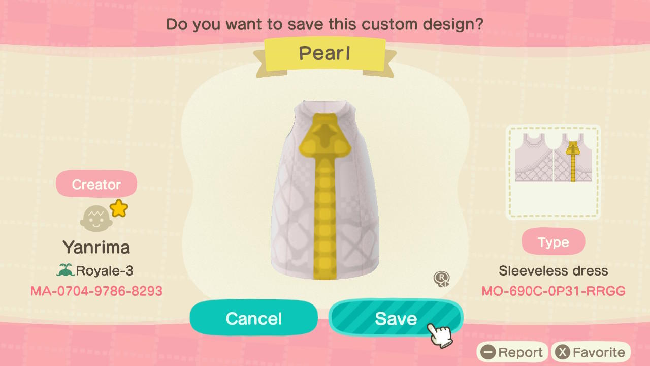 Animal Crossing Design Code: MO-690C-0P31-RRGG Pearl