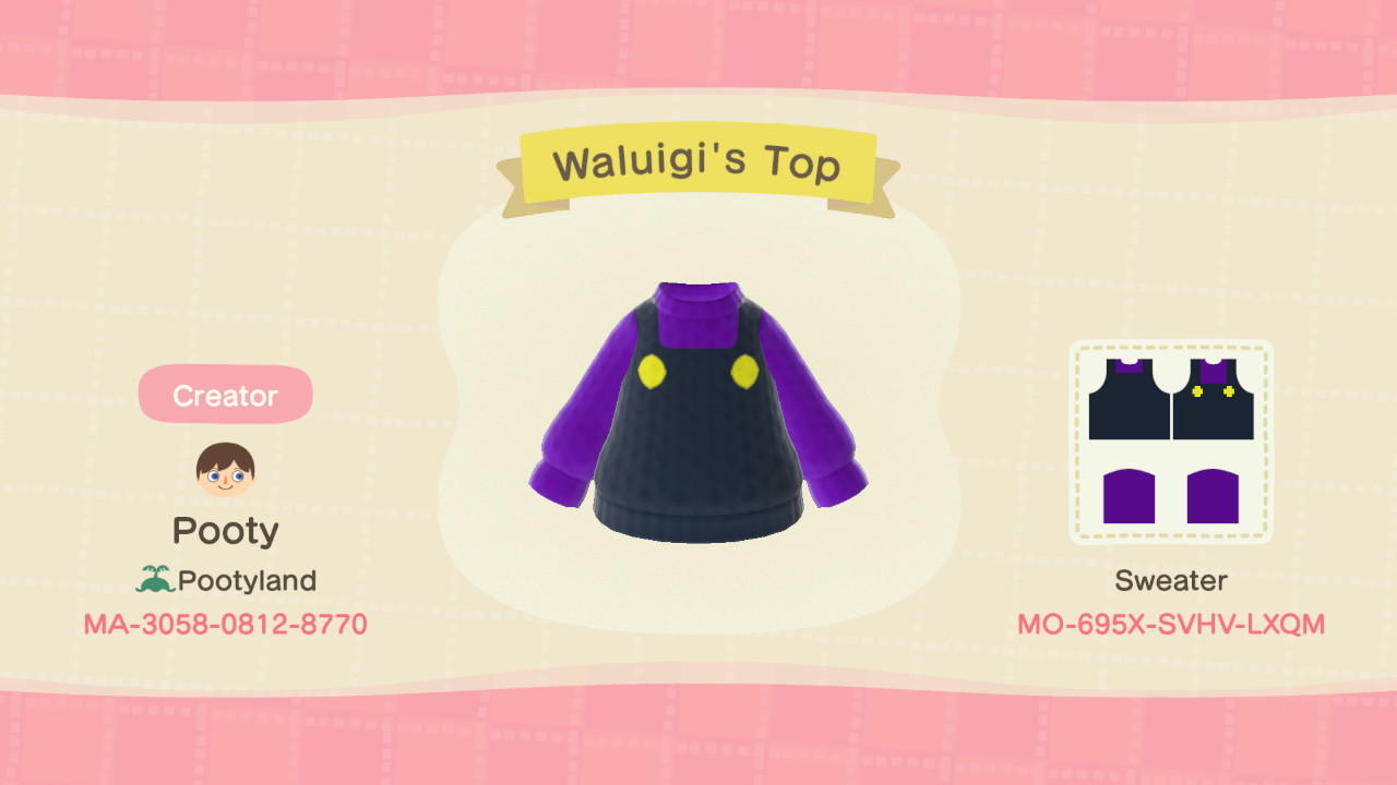 Animal Crossing Design Code: MO-695X-SVHV-LXQM Waluigi&#39;s Top