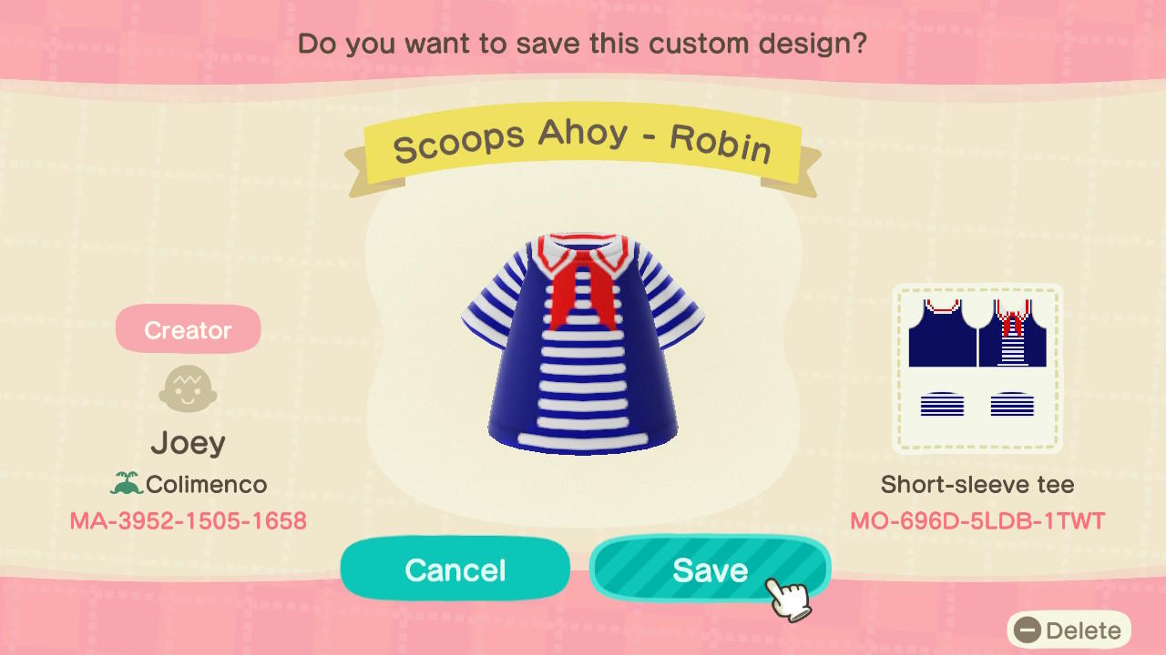 Animal Crossing Design Code: MO-696D-5LDB-1TWT Scoops Ahoy - Robin