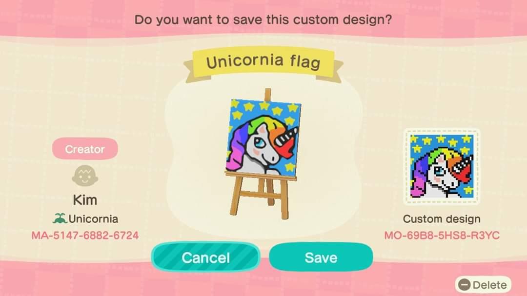 Animal Crossing Design Code: MO-69B8-5HS8-R3YC Unicornia Flag