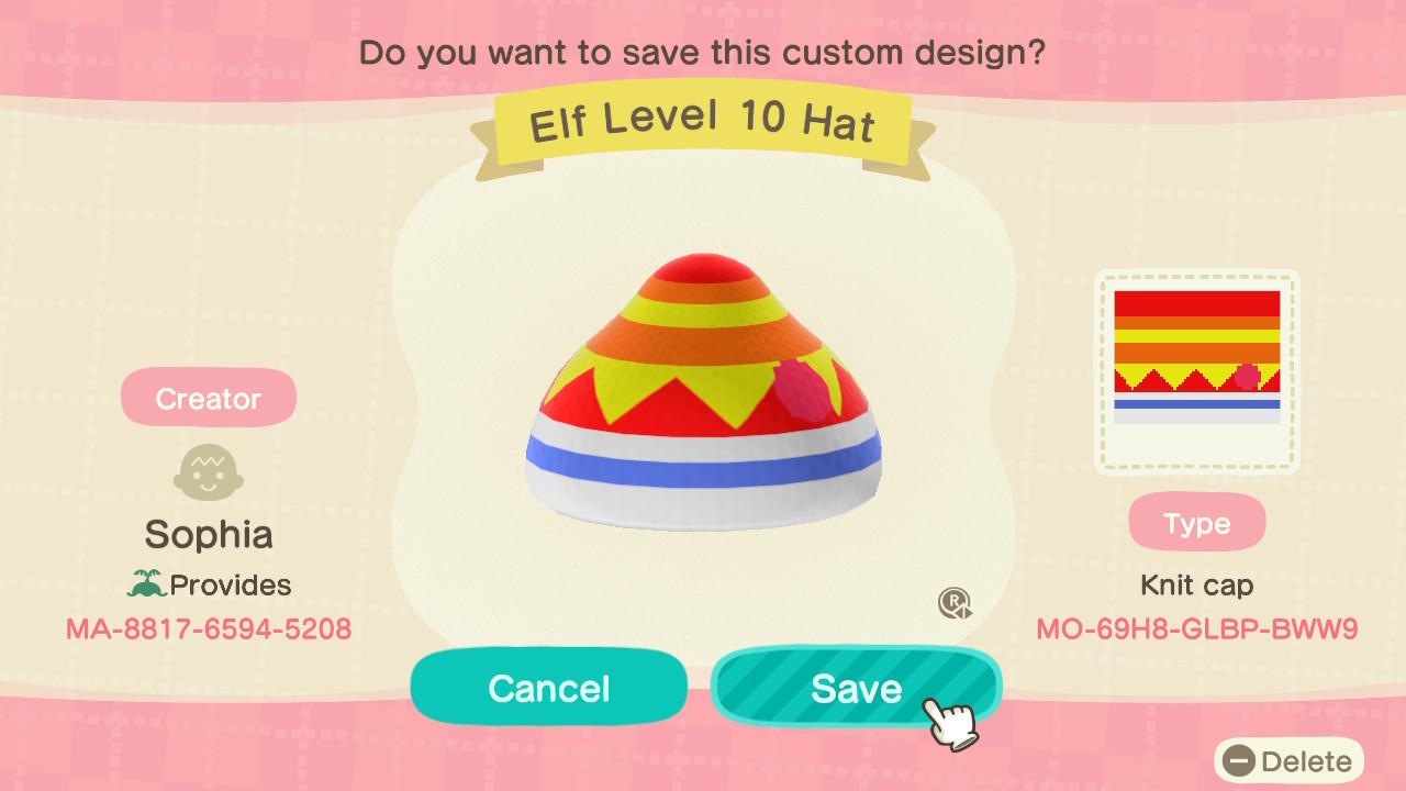 Animal Crossing Design Code: MO-69H8-GLBP-BWW9 Elf Level 10 Hat