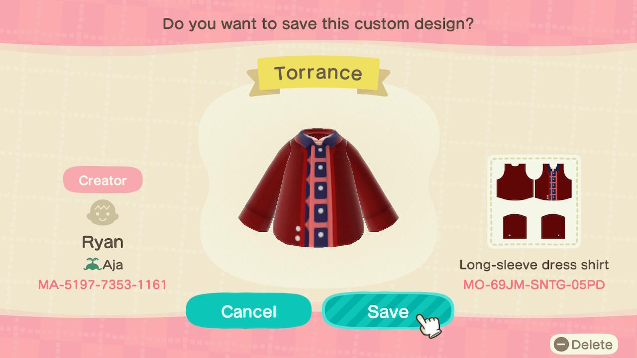 Animal Crossing Design Code: MO-69JM-SNTG-05PD Torrance