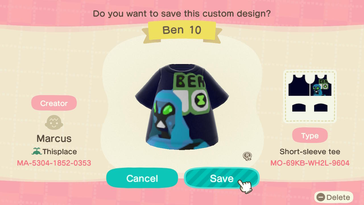 Animal Crossing Design Code: MO-69KB-WH2L-9604 Ben 10 Big Chill