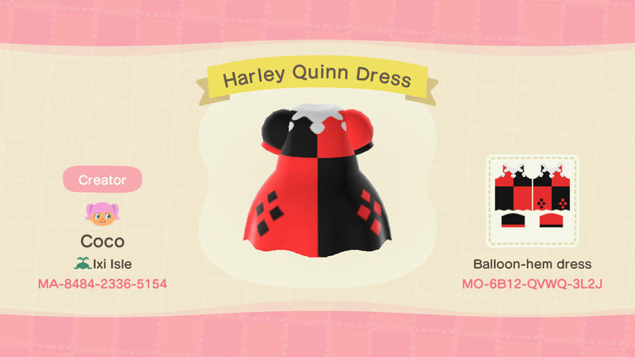 Animal Crossing Design Code: MO-6B12-QVWQ-3L2J Harley Quinn Dress