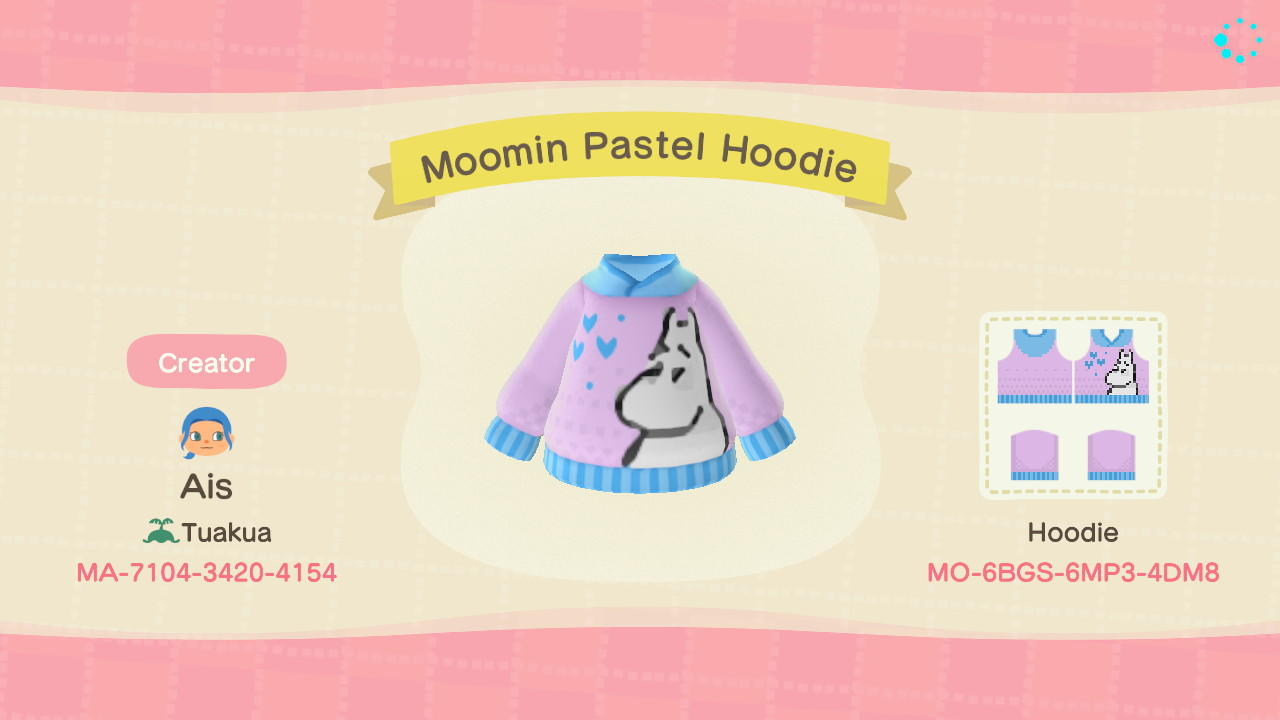 Animal Crossing Design Code: MO-6BGS-6MP3-4DM8 Moomin Pastel Hoodie
