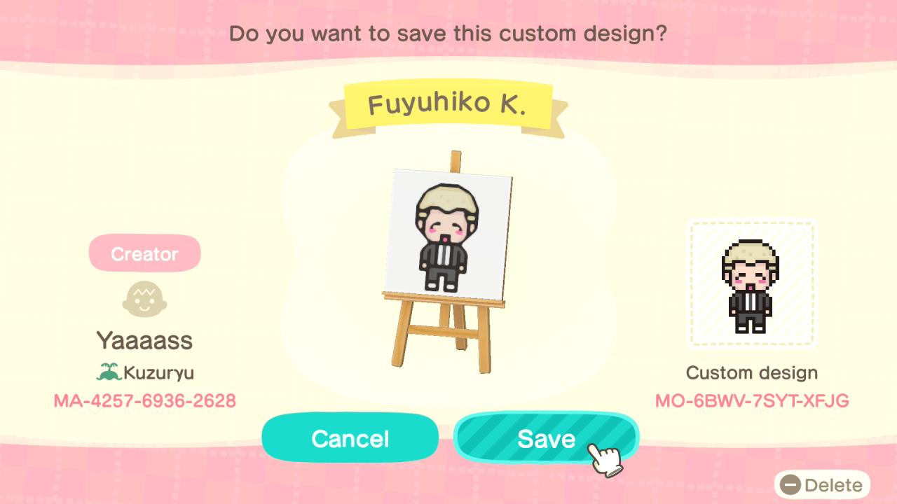 Animal Crossing Design Code: MO-6BWV-7SYT-XFJG Fuyuhiko K.