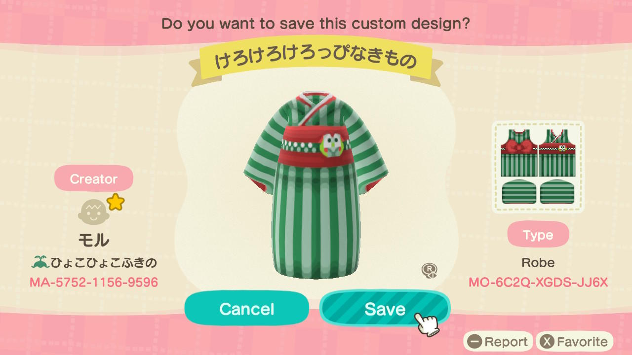 Animal Crossing Design Code: MO-6C2Q-XGDS-JJ6X Keroppi Robe