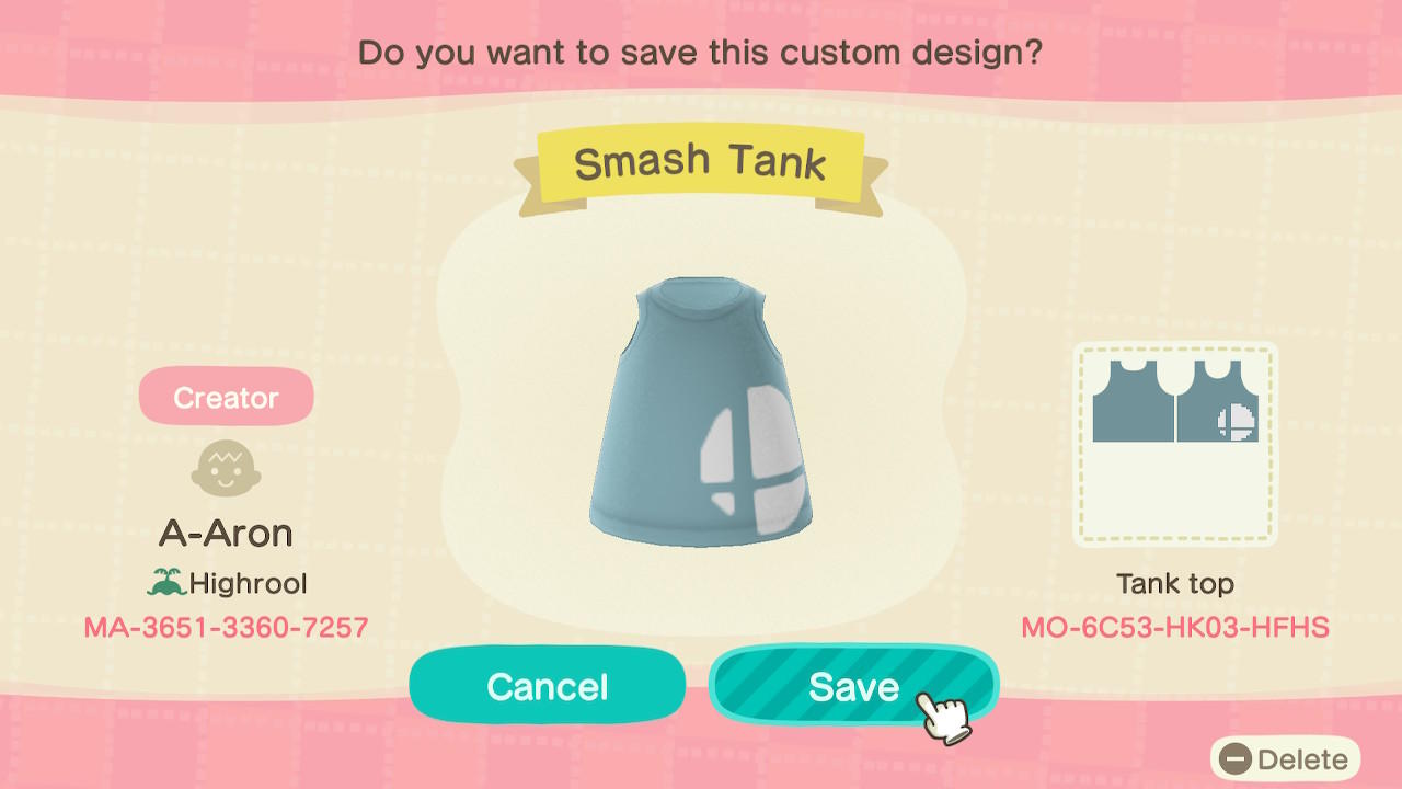 Animal Crossing Design Code: MO-6C53-HK03-HFHS Smash Tank