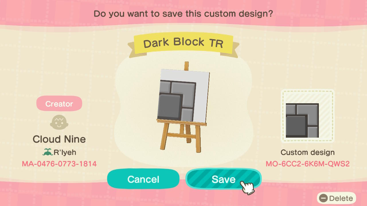 Animal Crossing Design Code: MO-6CC2-6K6M-QWS2 Dark Block TR