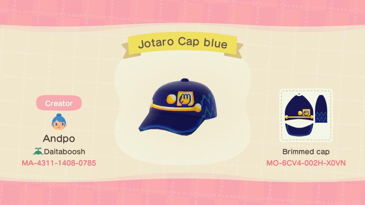 Animal Crossing Design Code: MO-6CV4-002H-X0VN Jotaro Cap blue