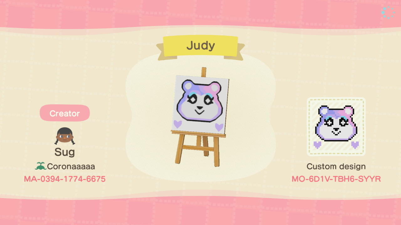 Animal Crossing Design Code: MO-6D1V-TBH6-SYYR JUDY THE BEAR CUB