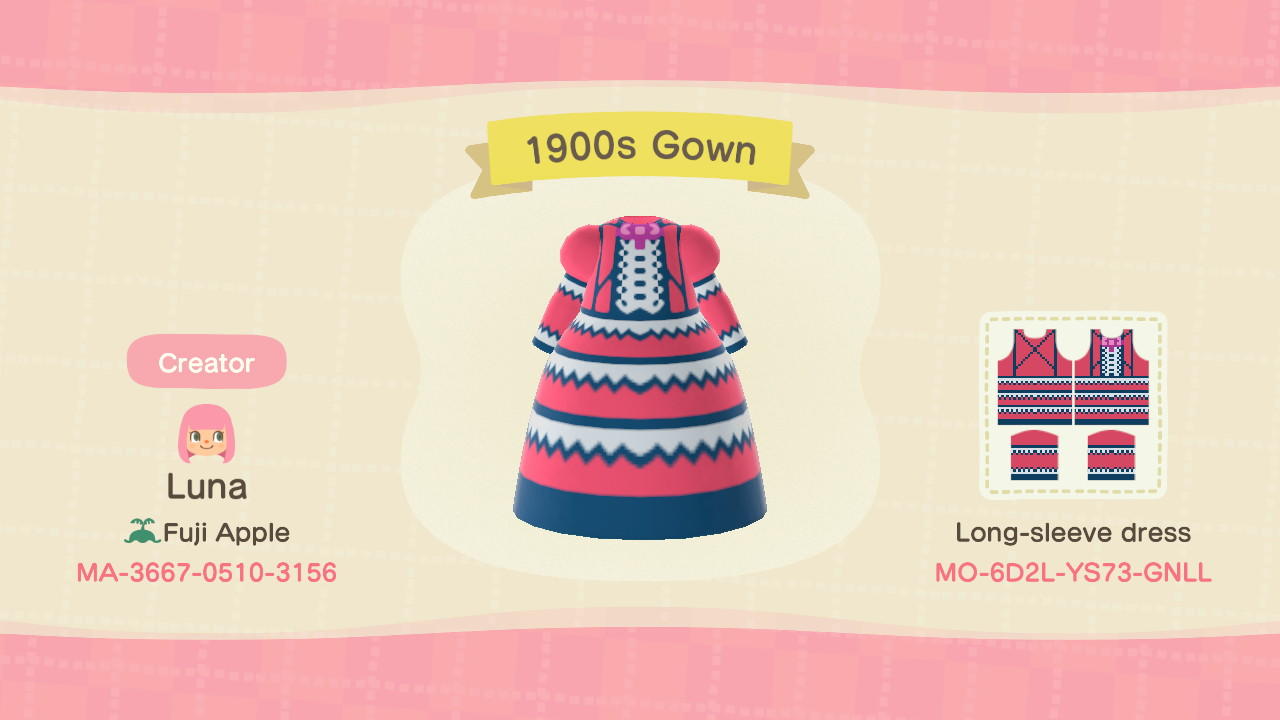 Animal Crossing Design Code: MO-6D2L-YS73-GNLL 1900s Gown