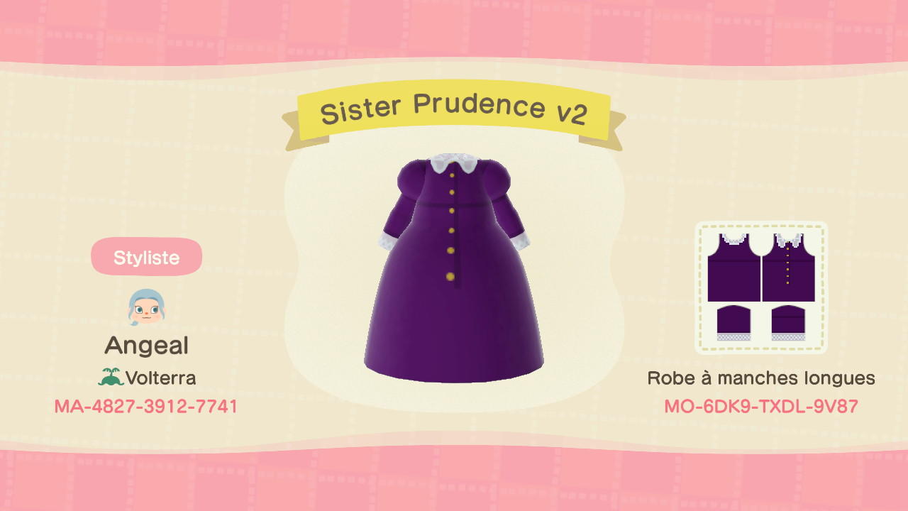 Animal Crossing Design Code: MO-6DK9-TXDL-9V87 Sister Prudence V2