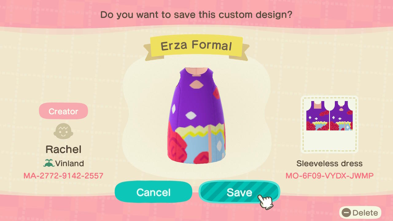 Animal Crossing Design Code: MO-6F09-VYDX-JWMP Erza Formal
