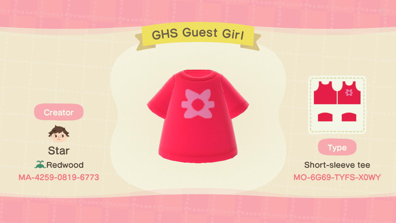 Animal Crossing Design Code: MO-6G69-TYFS-X0WY GHS Guest Girl