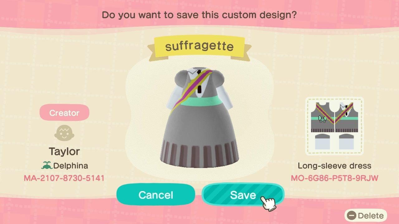 Animal Crossing Design Code: MO-6G86-P5T8-9RJW Suffragette