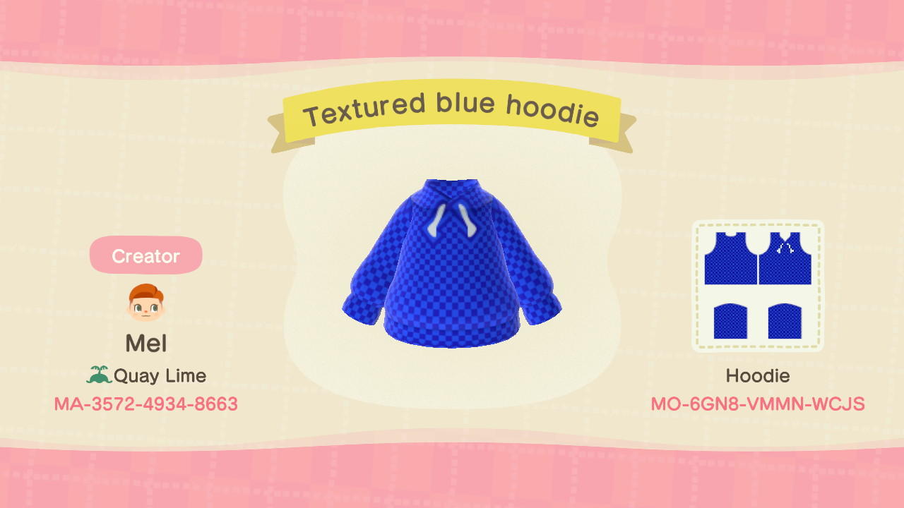 Animal Crossing Design Code: MO-6GN8-VMMN-WCJS Textured blue hoodie