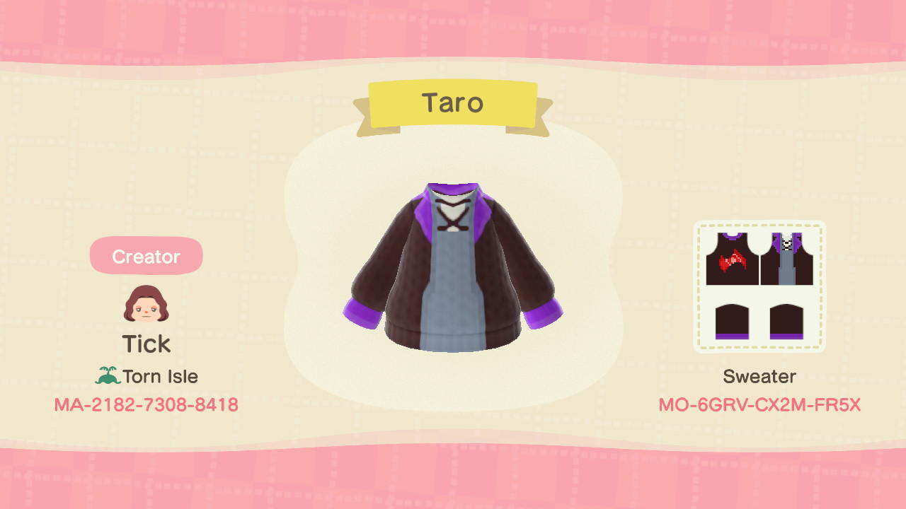 Animal Crossing Design Code: MO-6GRV-CX2M-FR5X Taro