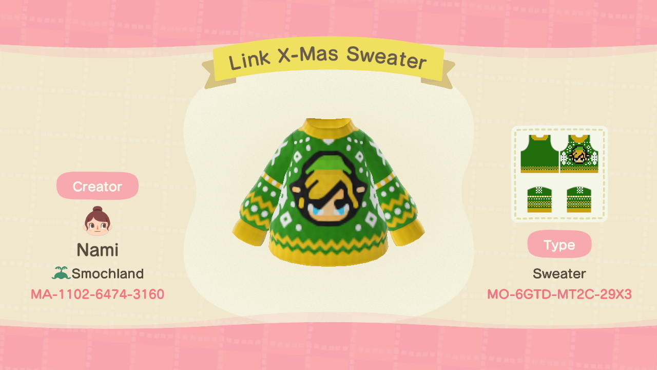 Animal Crossing Design Code: MO-6GTD-MT2C-29X3 Link X-Mas Sweater