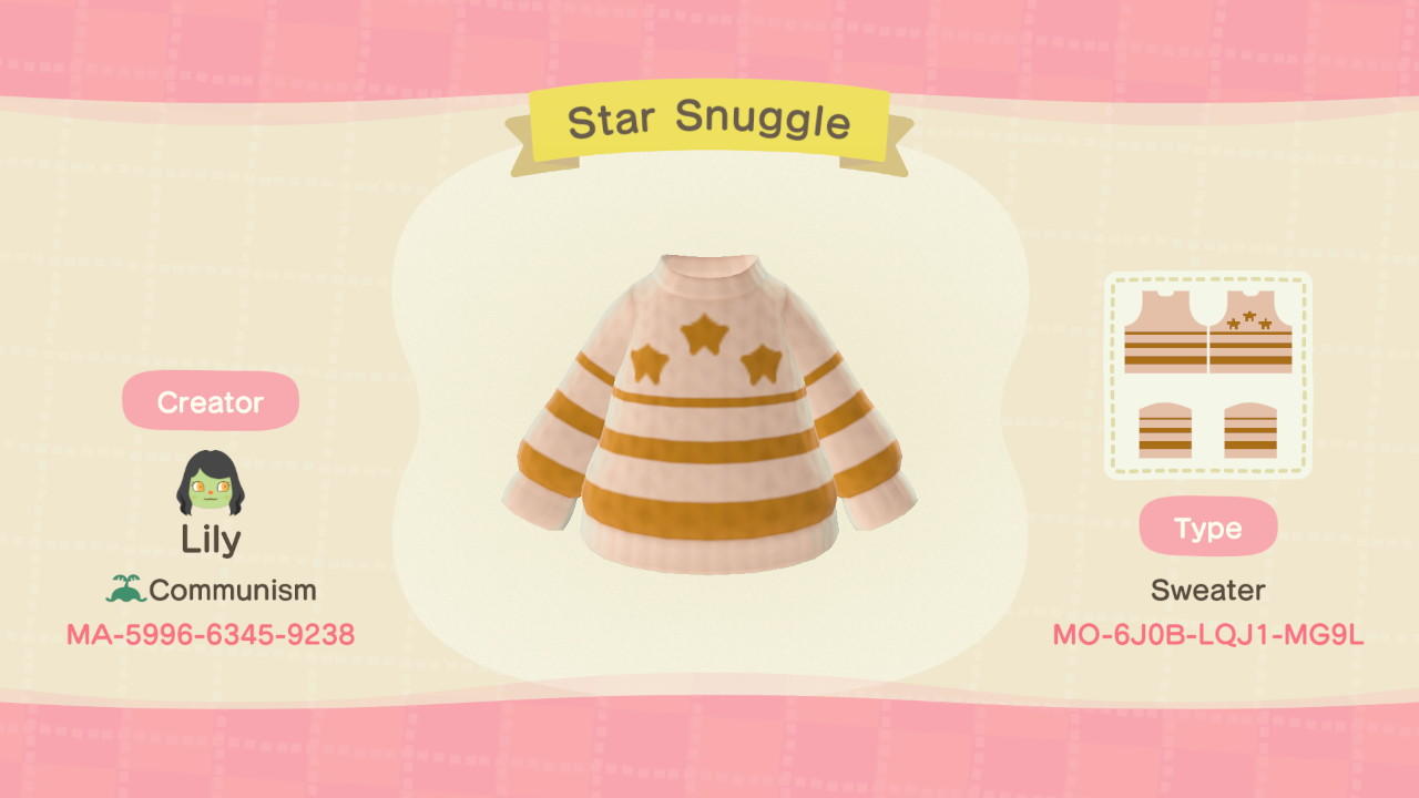 Animal Crossing Design Code: MO-6J0B-LQJ1-MG9L Star Snuggle Sweater