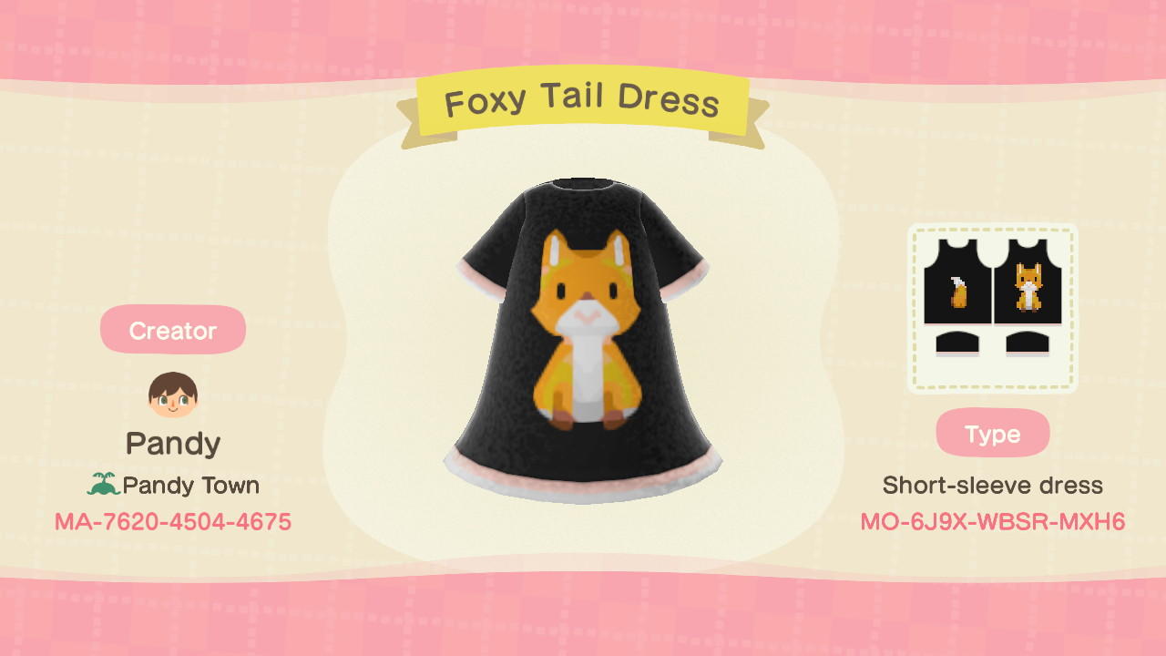 Animal Crossing Design Code: MO-6J96-WBSR-MXH6 Foxy Tail Dress